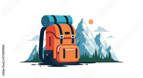 Stylized illustration of an orange backpack with a rolled sleeping bag on top, set against a backdrop of snow-capped mountains and pine trees.