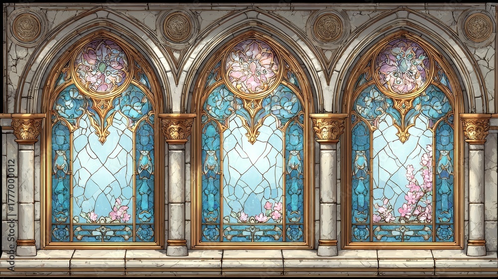 Fototapeta premium Anime style thin rectangular stained glass frame with blank white interior, royal guild castle window design, clean white background, classic decorative architectural concept