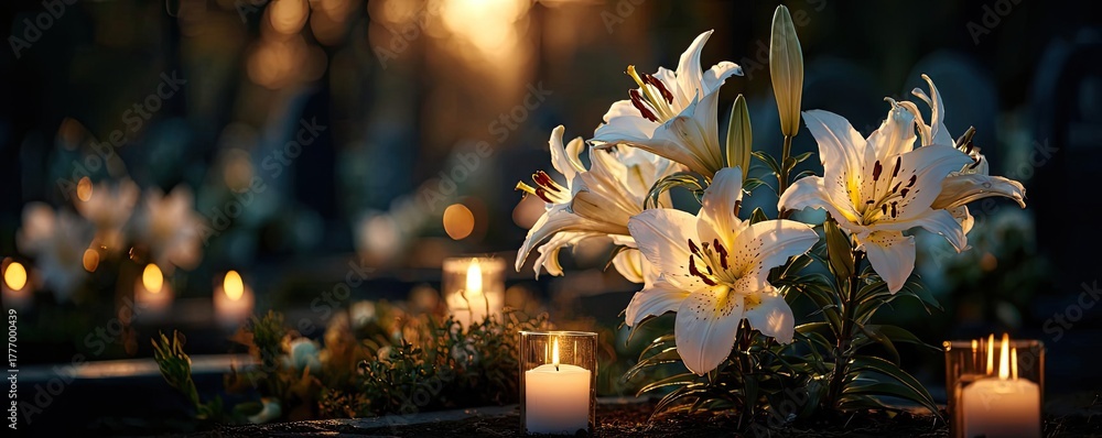 Fototapeta premium White lilies and candle at funeral sunset concept. Peaceful scene with lilies and candles at sunset in a garden.