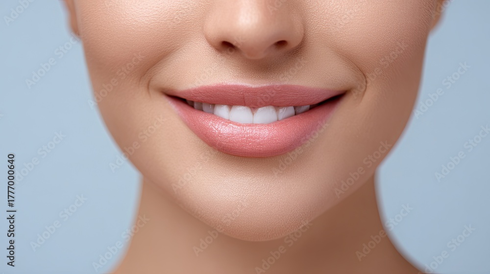 Obraz premium Close-Up of a Beautiful Smiling Woman with Perfectly White Teeth and Smooth Skin Against a Soft Blue Background Highlighting Oral Health and Beauty