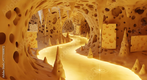 Surreal cheese cave with river of cheese