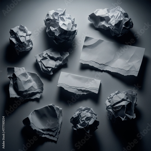 Crumpled and Torn Paper Pieces on a Gray Surface ripped