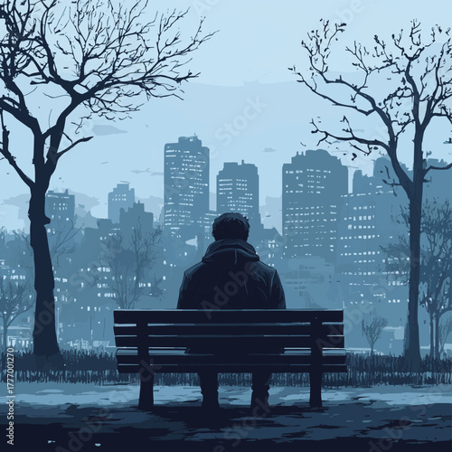 Despondent young man sits alone on a park bench, head bowed in sadness, against a muted cityscape backdrop, conveying feelings of loneliness and isolation
