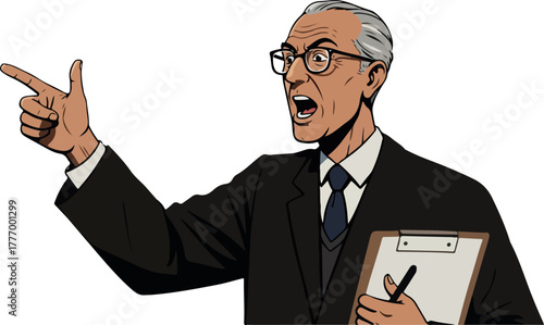 Man Points Finger In Dark Suit With Clipboard Isolated White Background