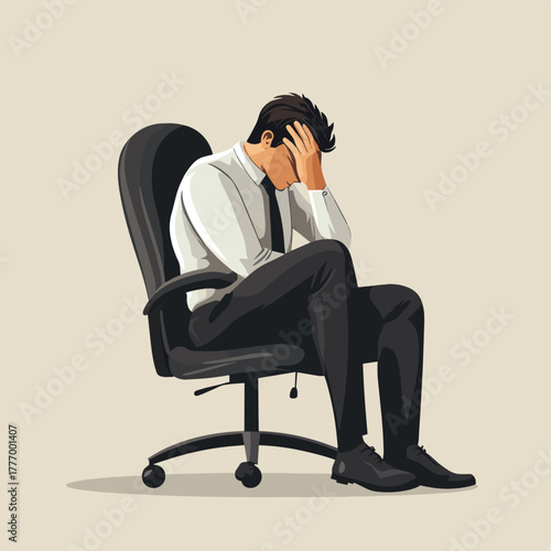 An overwhelmed businessman sits in a chair with his head in his hands experiencing stress and anxiety   , vector style simple color