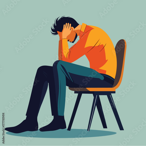 An overwhelmed businessman sits in a chair with his head in his hands experiencing stress and anxiety   , vector style simple color