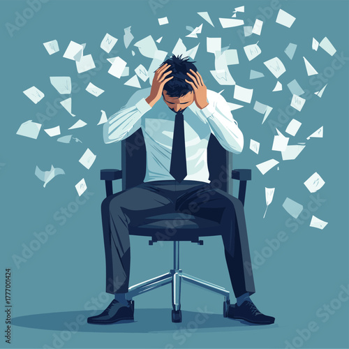 An overwhelmed businessman sits in a chair with his head in his hands experiencing stress and anxiety   , vector style simple color