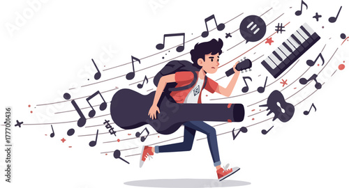 Man Running With Guitar Case Surrounded By Musical Notes And Keyboard Vector