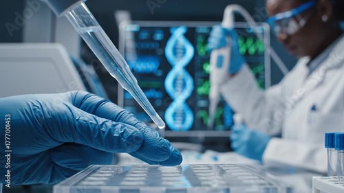 Blue Illuminated Dna Helix Model in a Modern Laboratory with Scientist Injecting Samples into Test Tubes for Scientific Research and Development