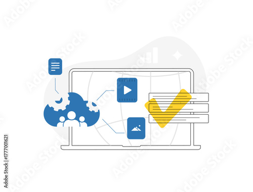 Content curation platform - digital asset management with cloud collaboration, AI tagging. Influencer marketing strategy with cross-team collaboration for marketing teams. Vector illustration
