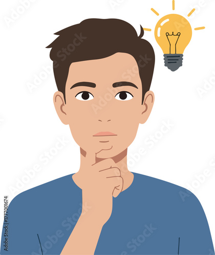 Man Thinking Blue T-Shirt Lightbulb Idea Innovation Brainstorming