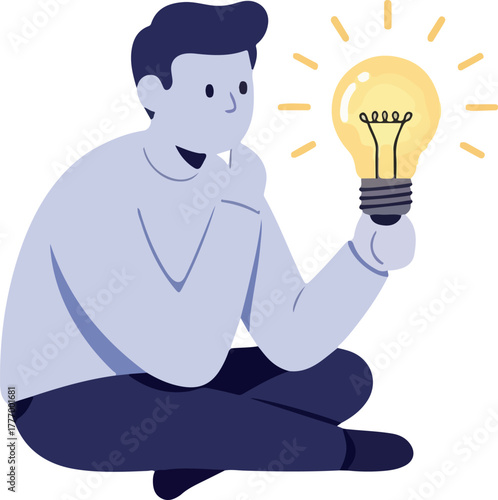 Man Thinking Holding Light Bulb Idea Innovation Blue and Yellow