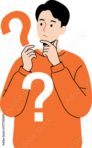 Man Thinking Orange Sweater Question Mark Symbol Flat Design Vector