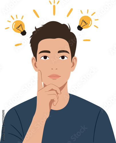Man Thinking of Ideas Light Bulbs Innovation Concept Flat Design Vector