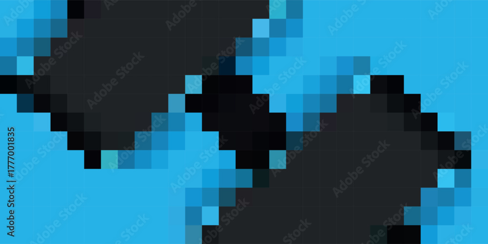 Fototapeta premium Abstract pixel art background featuring jagged black shapes on a vibrant blue canvas, creating a retro digital design.