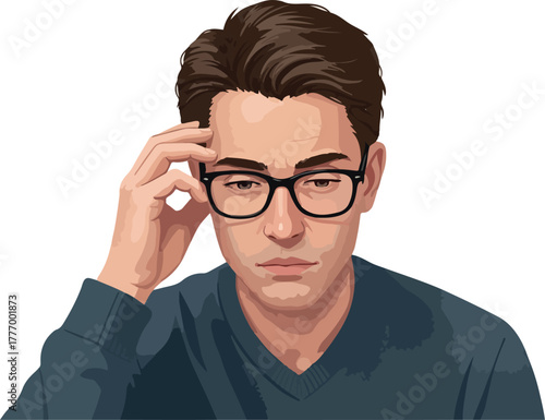 Man with Glasses Holding Forehead in Thoughtful Pose