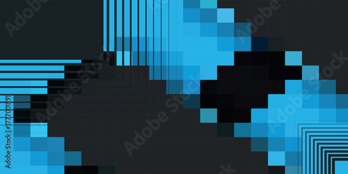 Abstract digital background with blue pixelated geometric shapes and fine lines on a dark surface.
