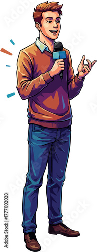 Man With Microphone Speaking In Orange Sweater And Blue Jeans