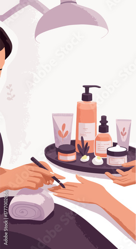 Manicurist Applying Nail Polish To Client Hand With Skincare Products