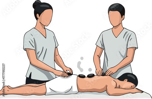 Massage Therapy With Hot Stones Two Therapists Performing A Relaxing Treatment