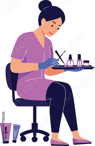 Manicurist In Purple Uniform Applying Nail Polish With Tools On Tray