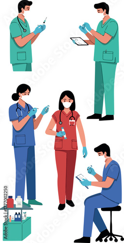 Medical Team Performing Vaccinations and Examinations Flat Design Vector
