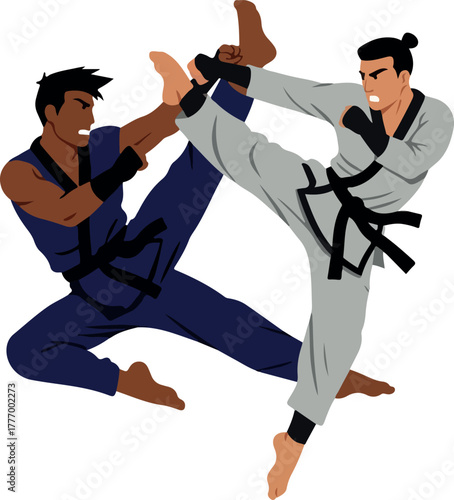 Martial Arts Karate Combat Two Men Fighting Action Kicks White Background