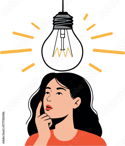 Minimalist Woman Thinking Under Bright Idea Light Bulb Vector