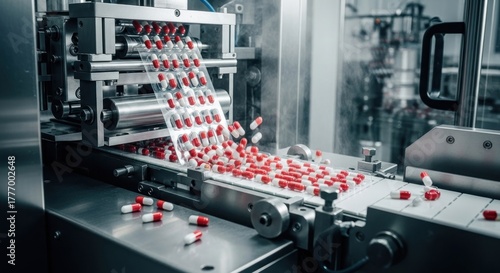 Red and white pills dispensed by a machine onto a conveyor belt in a pharmaceutical factory