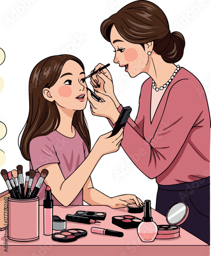 Mother Applying Makeup On Daughter With Makeup Brushes And Products