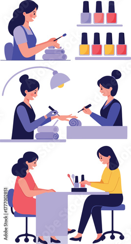 Nail Salon Scene Woman Doing Manicure with Colorful Polish Display