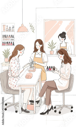 Nail Salon Scene Minimalist Line Art Women Manicurist Manicure Service