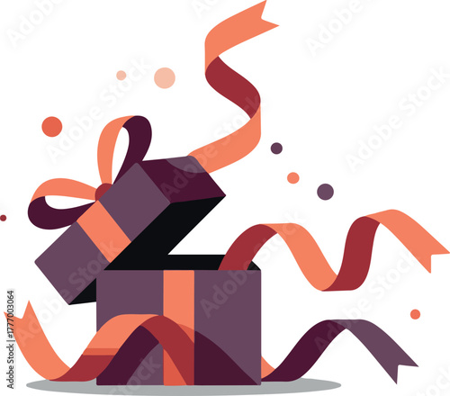 Open Gift Box with Orange Ribbons and Confetti Flat Design