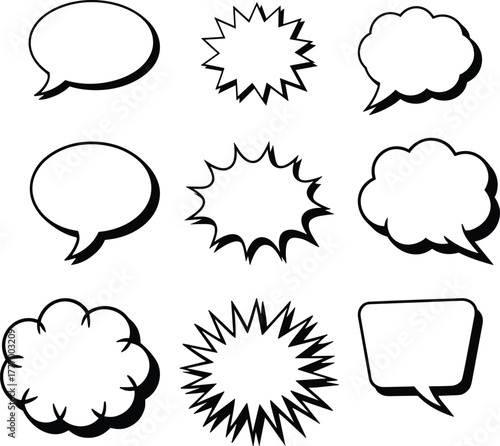 Nine Black and White Comic Speech Bubbles and Starbursts talk bubble thought bubble