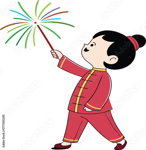 Child in traditional asian clothing holding a sparkler with fireworks