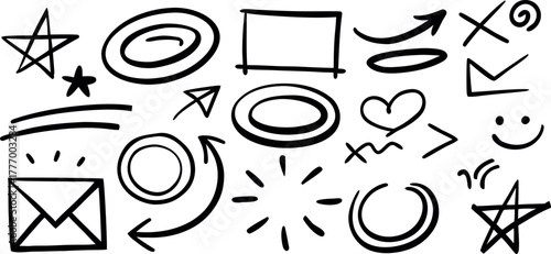 Minimal abstract vector set of hand-drawn icons with arrows, envelopes, circles, and stars, simple artistic sketch style elements for communication and creative decoration design