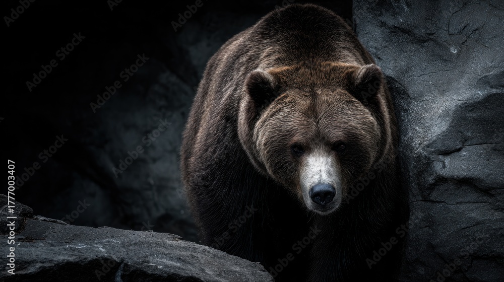 Fototapeta premium A large brown bear standing in front of a dark, rocky background.