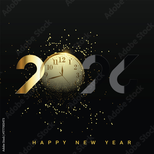 Elegant New Year 2026 line art clock with dissolving glitter. Vector