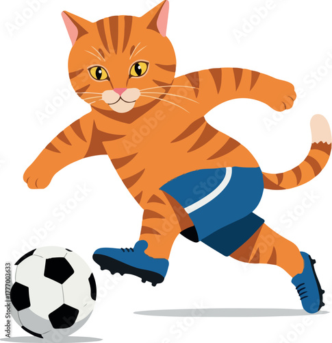 Orange Tabby Cat Playing Soccer in Blue Shorts and Cleats