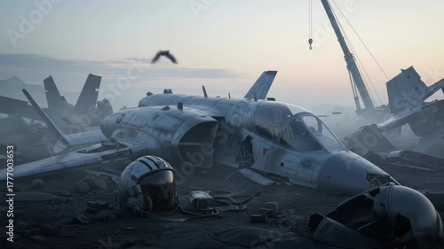 Wrecked fighter jet aircraft and helmet in battlefield ruins, war aftermath concept.