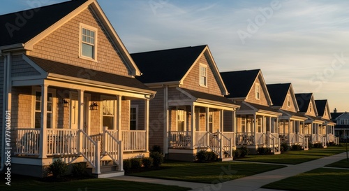Fototapeta Naklejka Na Ścianę i Meble -  Row of small houses with porches, light beige and gray siding, at sunset