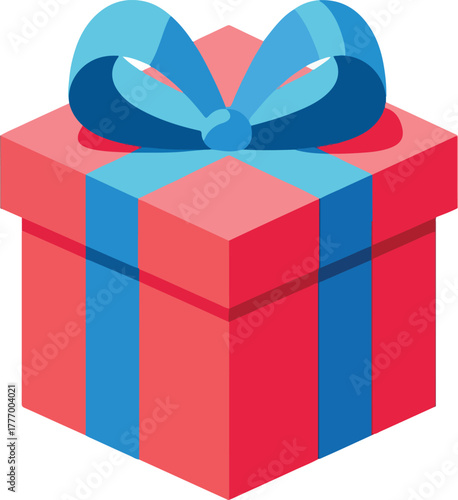 Pink Gift Box With Blue Ribbon Isometric Vector Illustration Flat Design