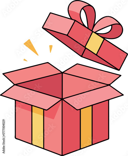 Pink Gift Box Open With Yellow Ribbon And Sparkles Simple Flat Design Vector