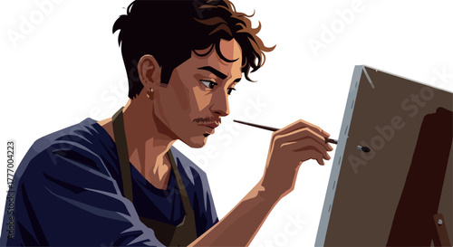 Pixel Art Artist Painting Canvas Dark Blue Apron Focused Expression