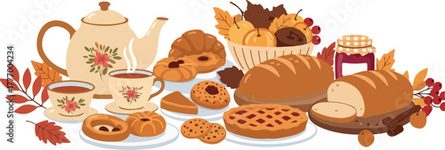 Pixel Art Autumn Bakery Spread with Tea and Jars on White