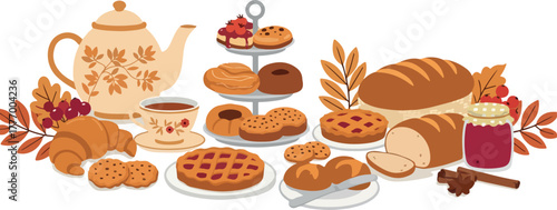 Pixel Art Autumn Bakery Tea Time with Croissants Pies and Warm Breads