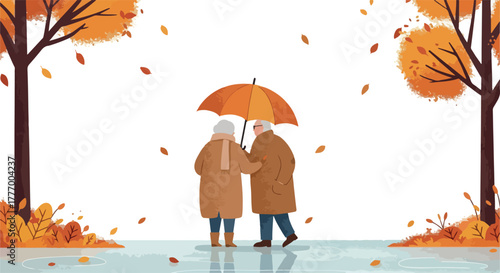 Pixel Art Autumn Couple Umbrella Leaf Fall Rain White Background