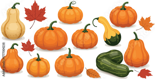 Pixel Art Autumn Pumpkins Gourds And Maple Leaves White Background