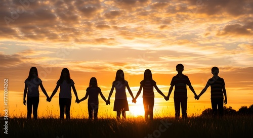 Warm silhouettes of children holding hands at sunset, a joyful scene reflecting unity, friendship, and the hopeful spirit of Children day
