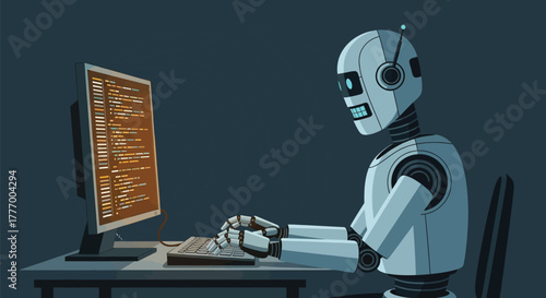 Futuristic robot diligently coding complex algorithms on a glowing computer screen in a dimly lit modern workspace